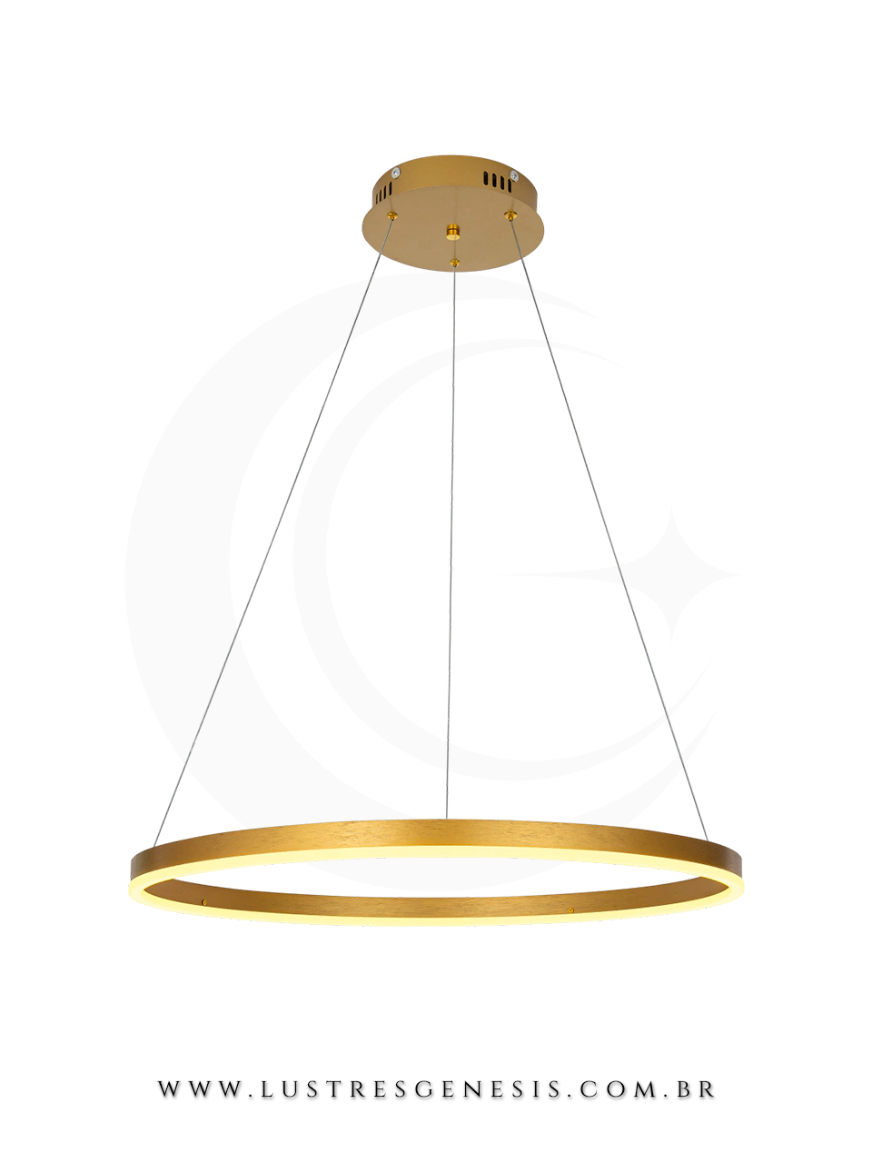 Lustre pendente Ring Aliança dourado de 60cm para sala de jantar, quartos, sala de estar e escritórios, estilo moderno e LED, da marca GMH.